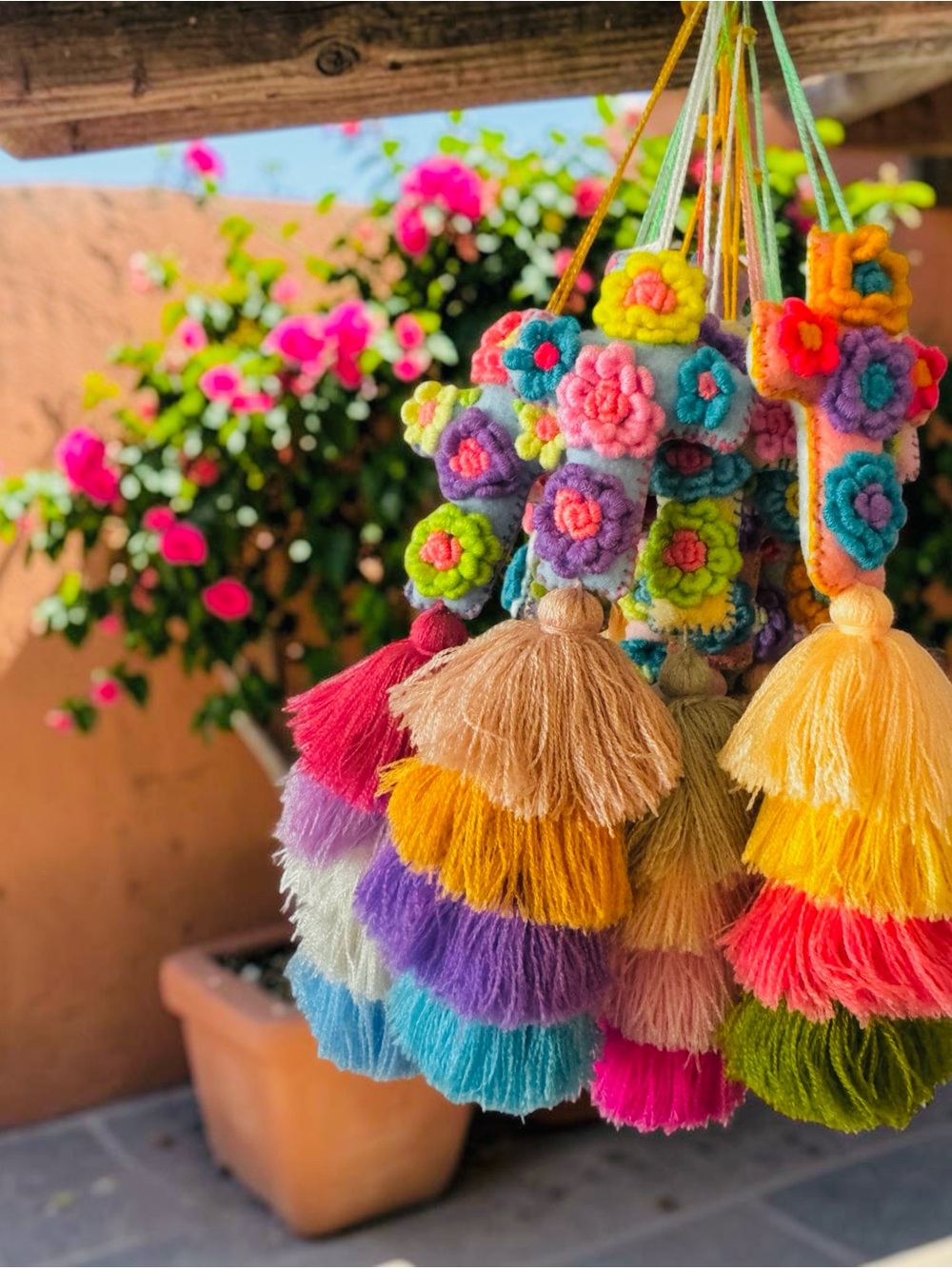 Colorful Embroidered Flower Tassel Keychain - Bright Multicolor
